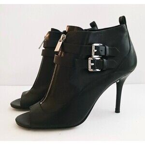 Michael Kors Blk Leather Blaze Bootie Silver Buckle Ankle Straps Open Toe Sz 7.5